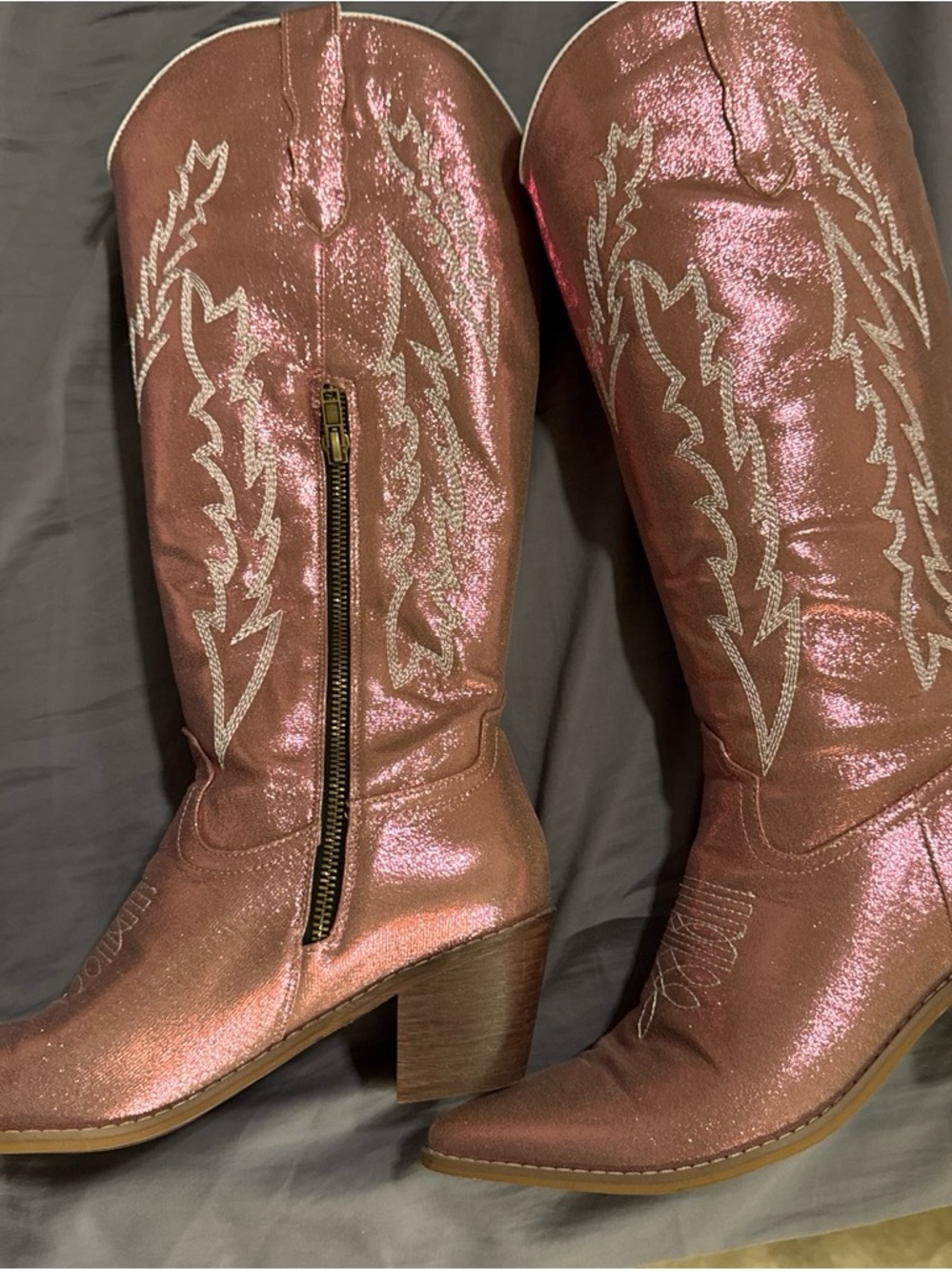 Shimmering Pink Western Knee-High Heeled Boots